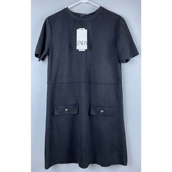 NWT Zara Sz S Faux Suede Black Shift Dress Short Slv Gold Buttons - Picture 3 of 12